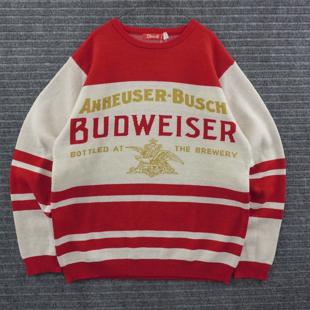 NWT Shinesty Budweiser Sweater Mens XL Red Cream Anheuser-Busch Graphic Knit